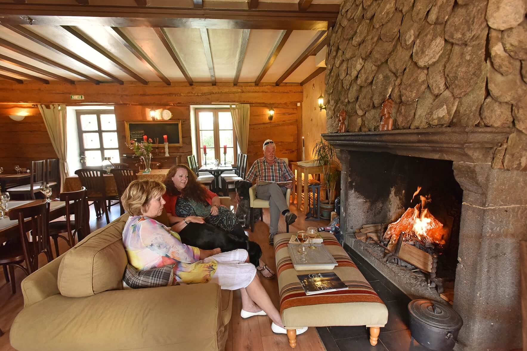 The large fireplace at the Auberge de la Providence in Saint Donat
